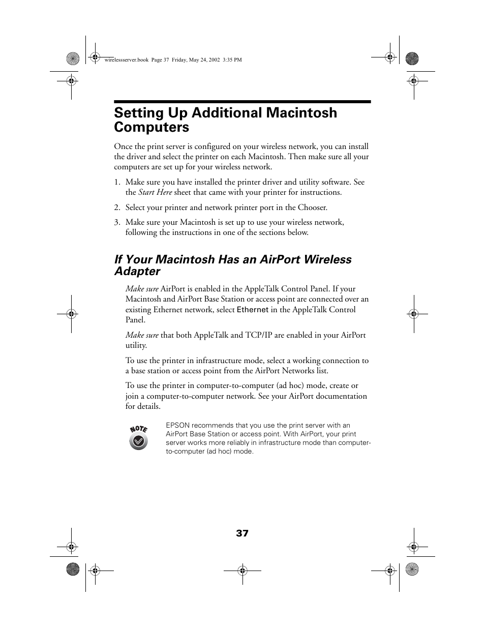 Setting up additional macintosh computers, If your macintosh has an airport wireless adapter | Epson 80211b User Manual | Page 41 / 68
