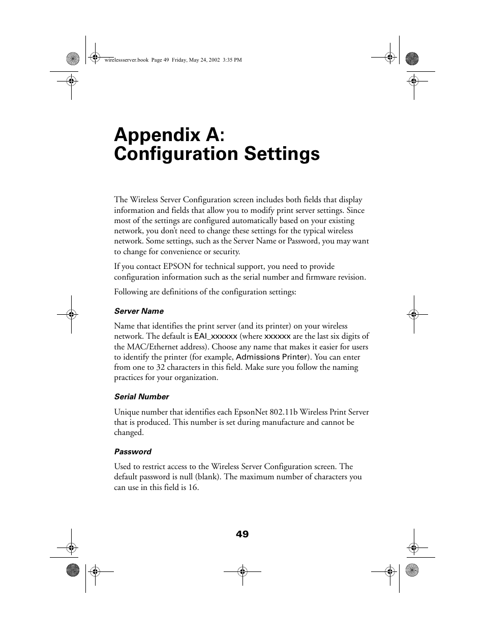 Appendix a: configuration settings | Epson 80211b User Manual | Page 53 / 68