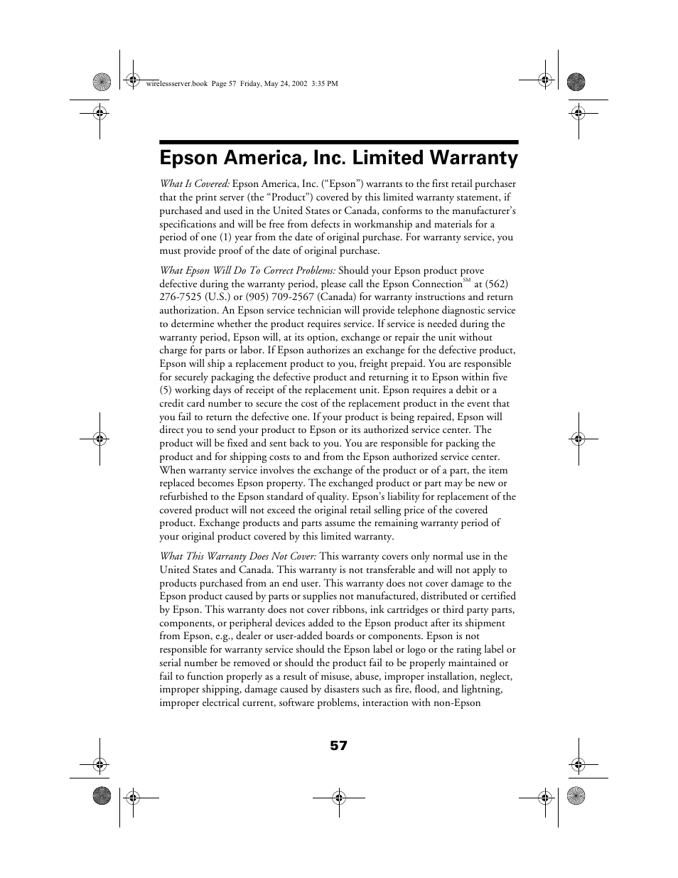 Epson america, inc. limited warranty | Epson 80211b User Manual | Page 61 / 68