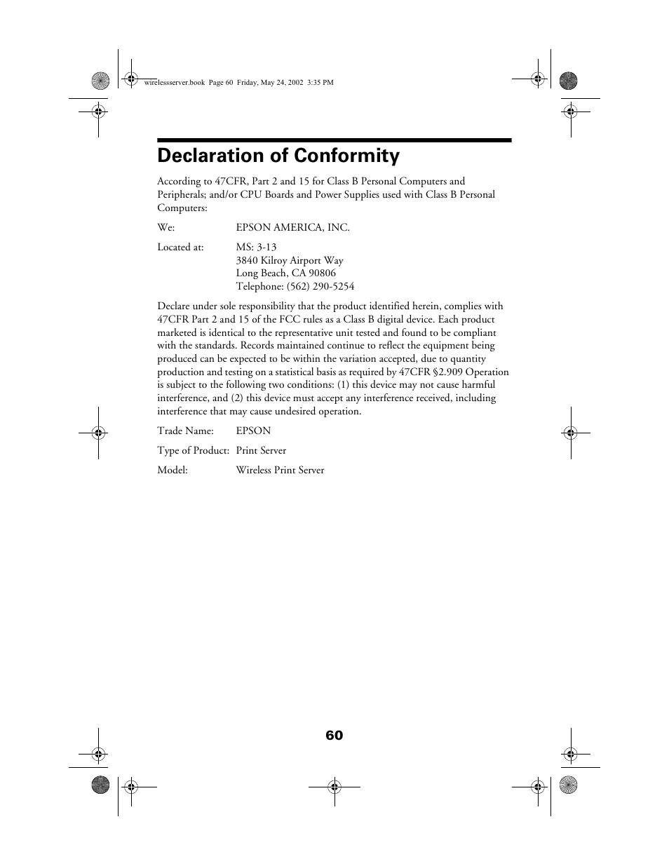 Declaration of conformity | Epson 80211b User Manual | Page 64 / 68