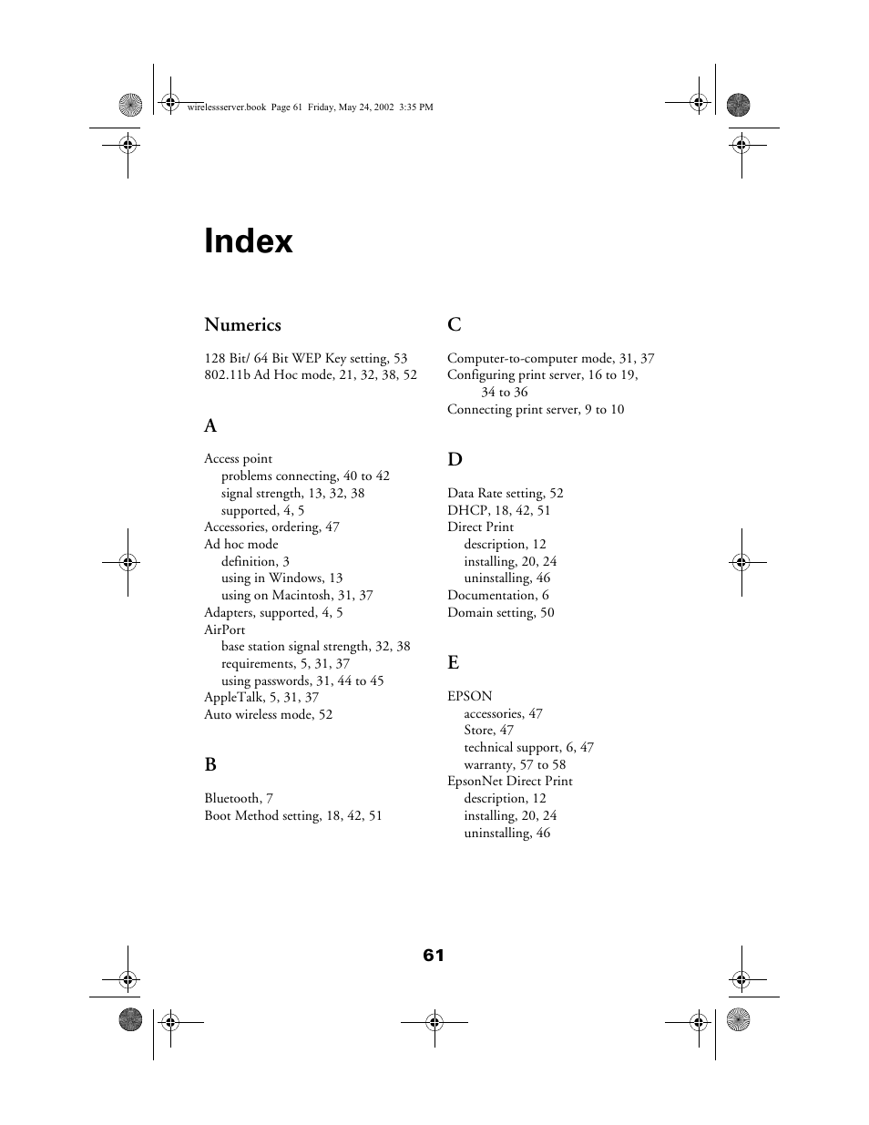 Index, Numerics | Epson 80211b User Manual | Page 65 / 68