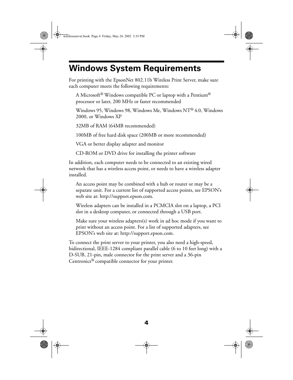 Windows system requirements | Epson 80211b User Manual | Page 8 / 68