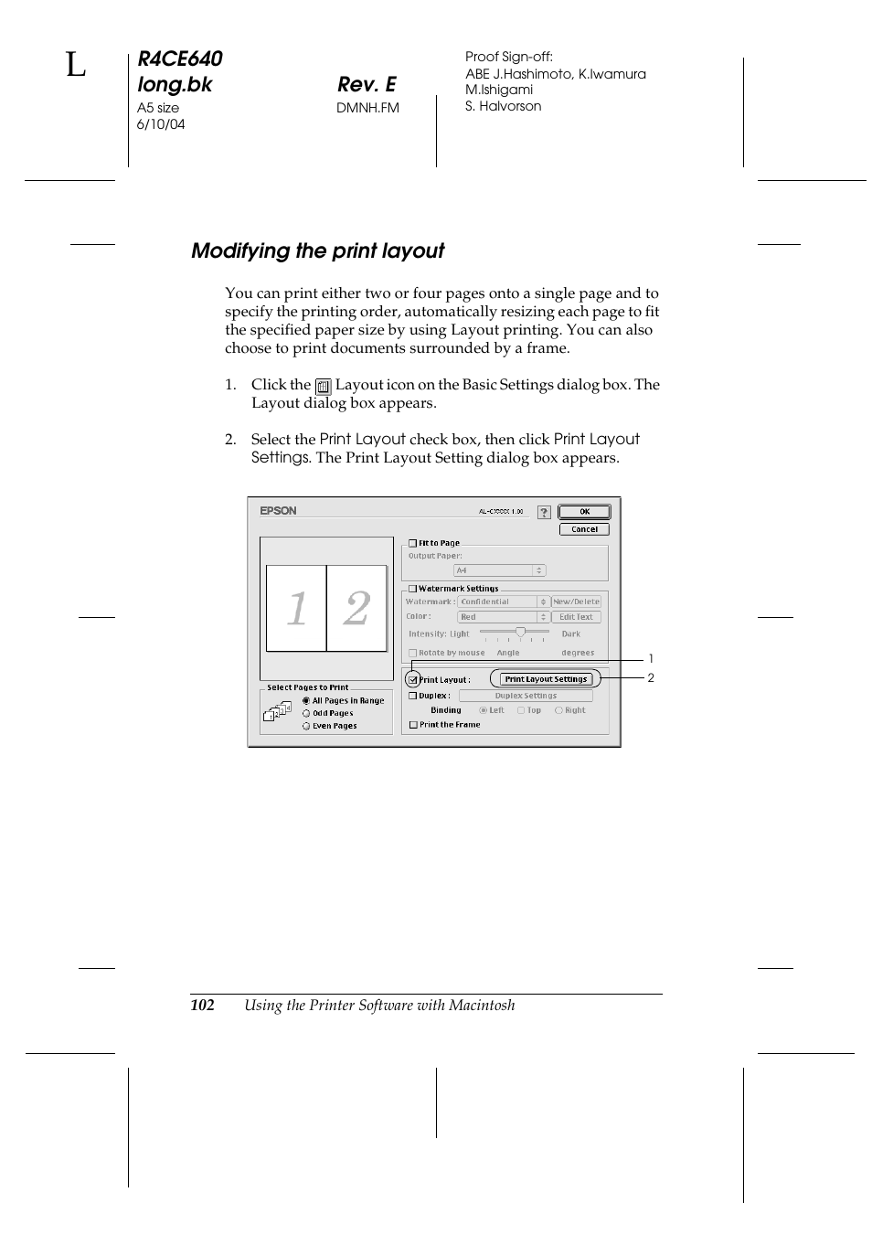 Modifying the print layout, R4ce640 long.bk rev. e | Epson AcuLaser C3000 User Manual | Page 102 / 316