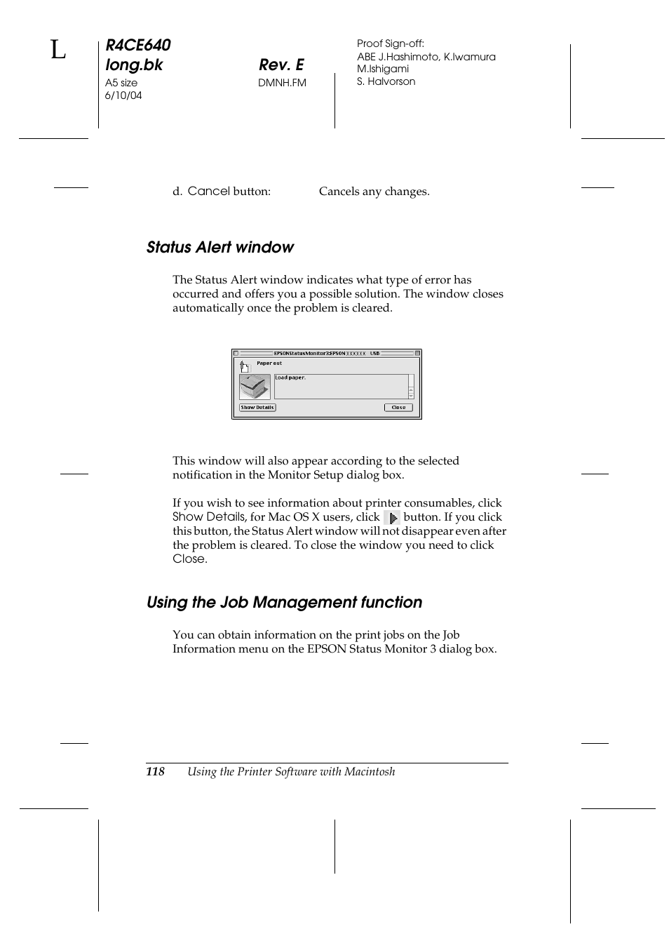 Status alert window, Using the job management function, R4ce640 long.bk rev. e | Epson AcuLaser C3000 User Manual | Page 118 / 316