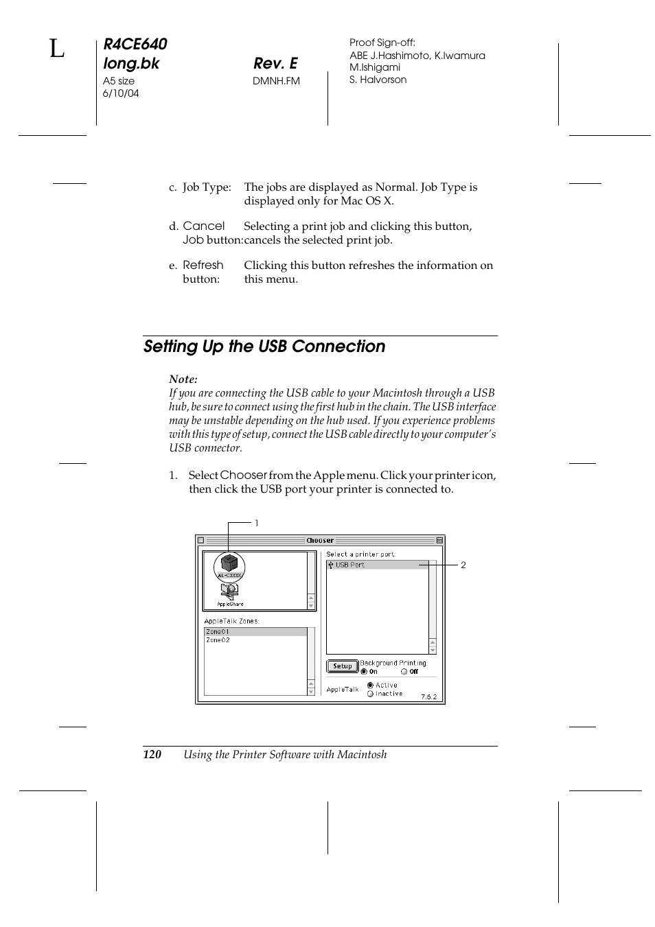 Setting up the usb connection, R4ce640 long.bk rev. e | Epson AcuLaser C3000 User Manual | Page 120 / 316