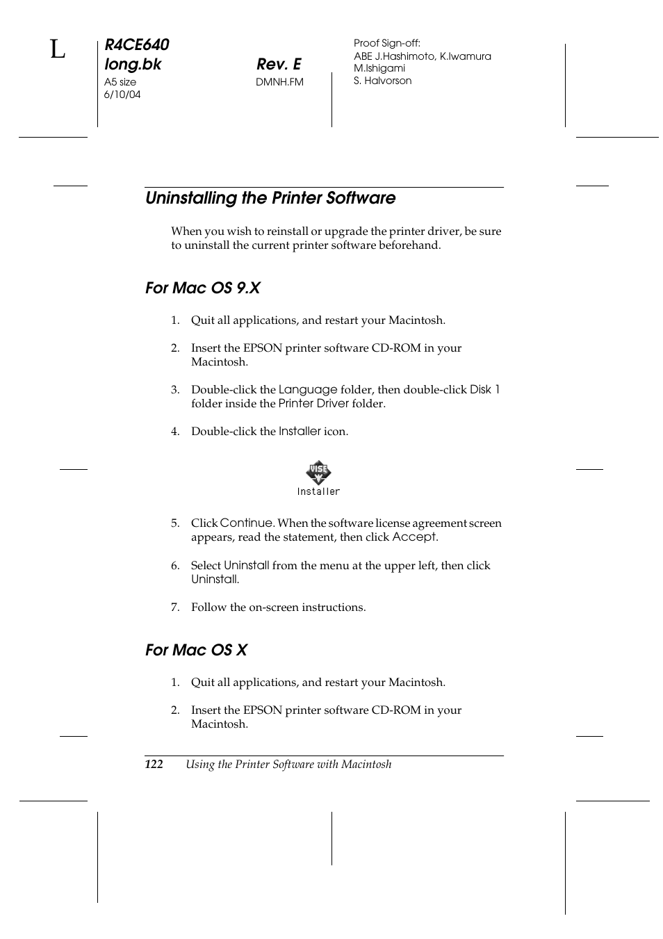 Uninstalling the printer software, For mac os 9.x, For mac os x | For mac os 9.x for mac os x, R4ce640 long.bk rev. e | Epson AcuLaser C3000 User Manual | Page 122 / 316
