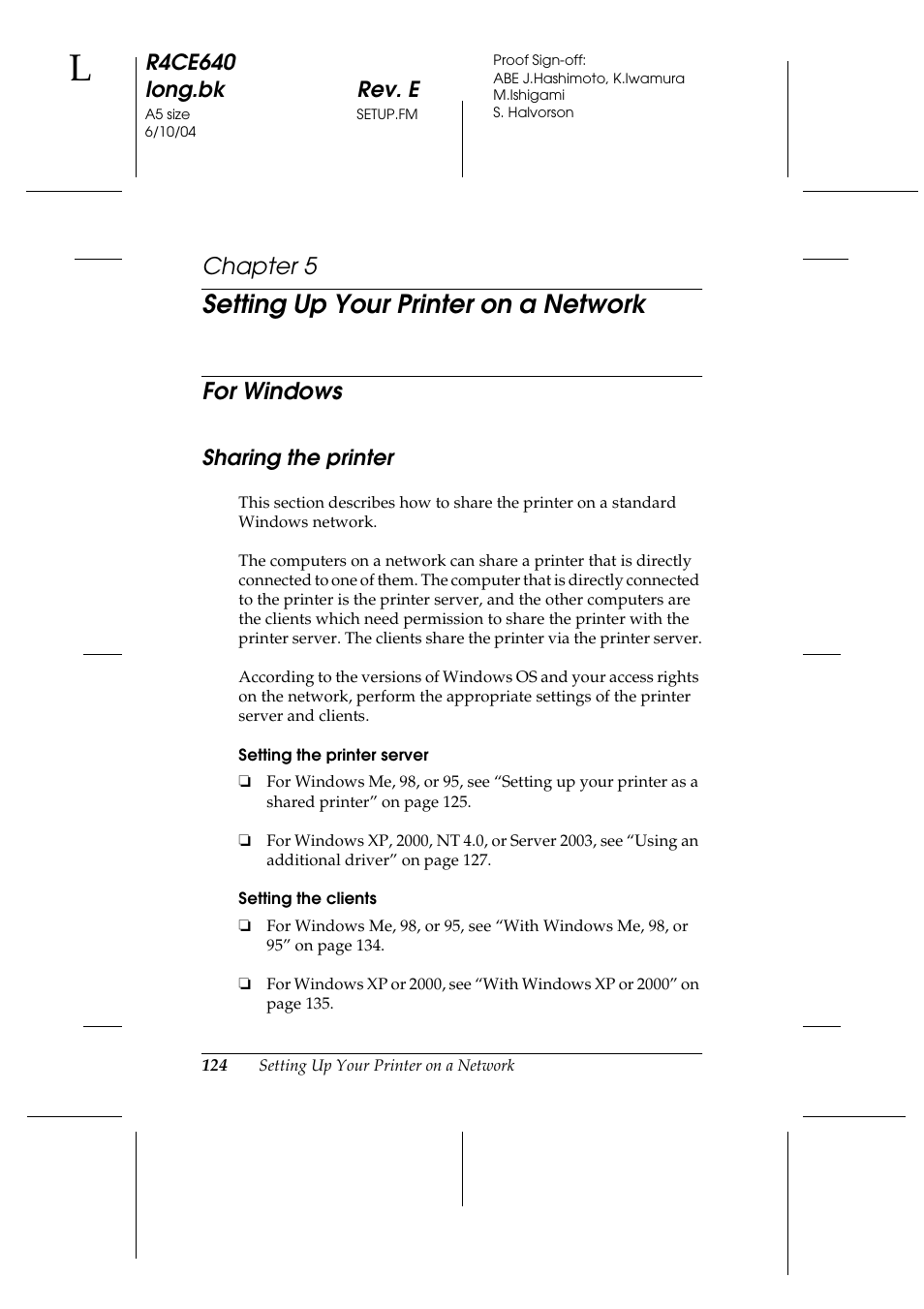 Setting up your printer on a network, For windows, Sharing the printer | Chapter 5, R4ce640 long.bk rev. e | Epson AcuLaser C3000 User Manual | Page 124 / 316