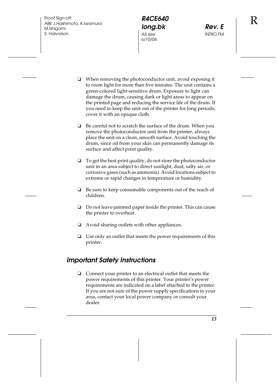 Important safety instructions, R4ce640 long.bk rev. e | Epson AcuLaser C3000 User Manual | Page 13 / 316