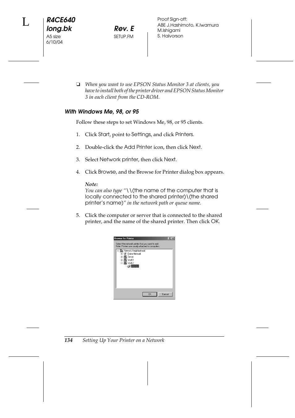 See “with windows me, 98, or, R4ce640 long.bk rev. e | Epson AcuLaser C3000 User Manual | Page 134 / 316