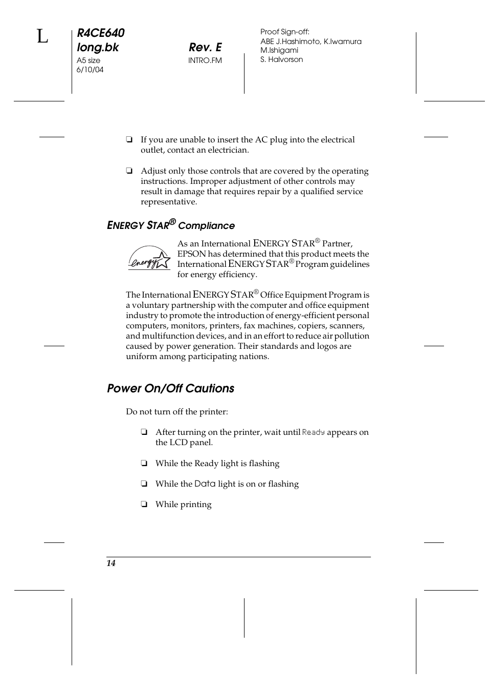 Power on/off cautions, R4ce640 long.bk rev. e | Epson AcuLaser C3000 User Manual | Page 14 / 316