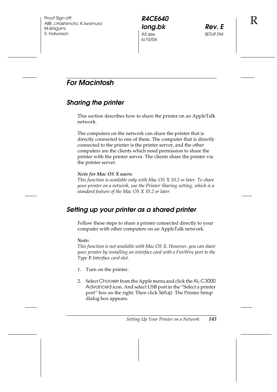For macintosh, Sharing the printer, Setting up your printer as a shared printer | Epson AcuLaser C3000 User Manual | Page 143 / 316
