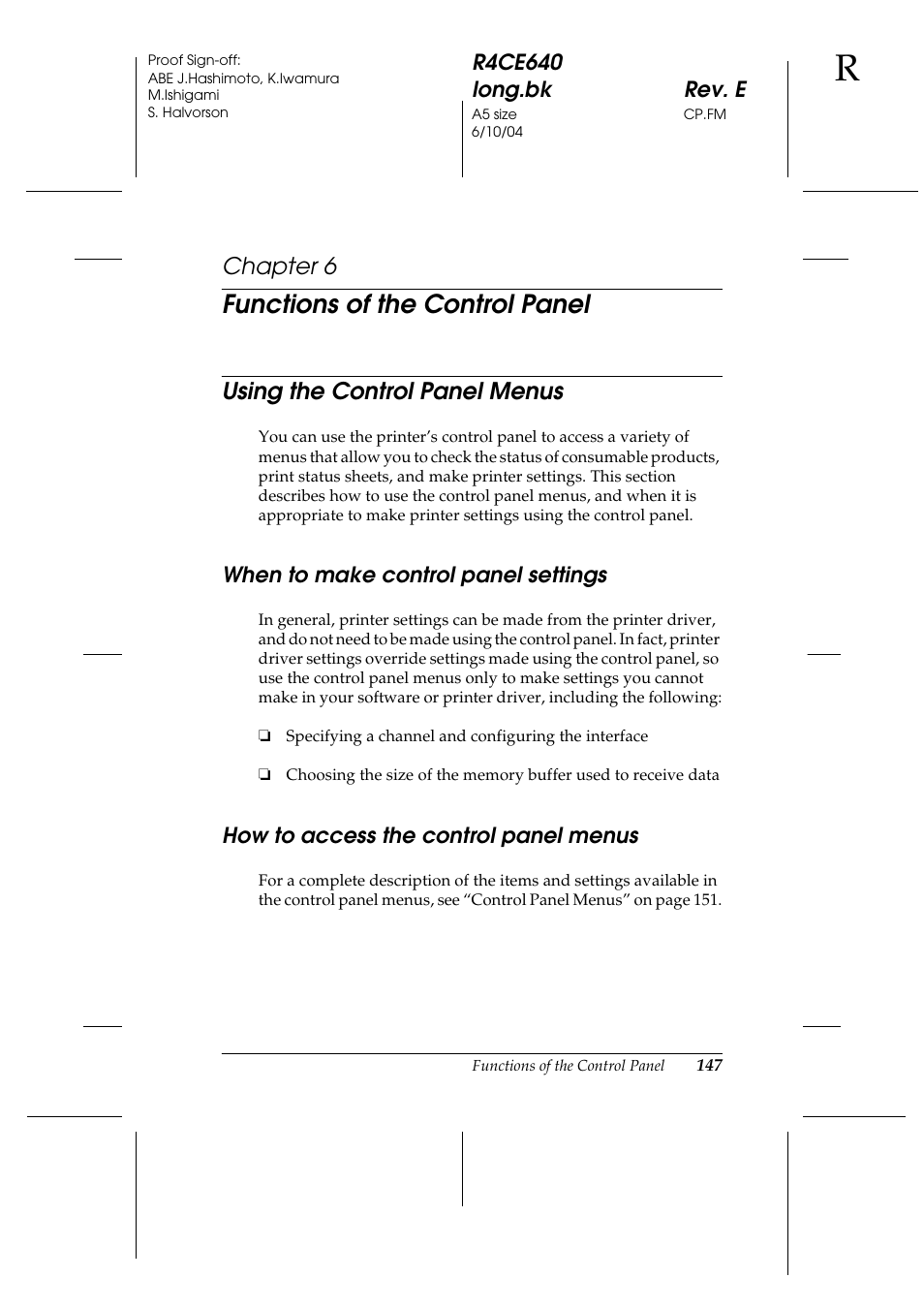 Functions of the control panel, Using the control panel menus, When to make control panel settings | How to access the control panel menus, Chapter 6 | Epson AcuLaser C3000 User Manual | Page 147 / 316