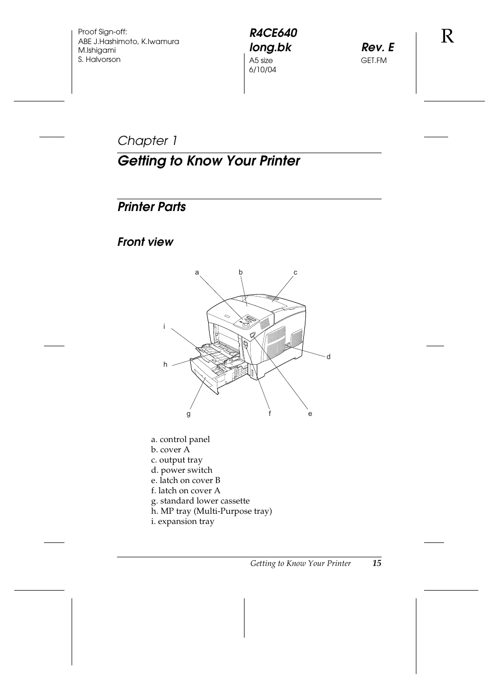 Getting to know your printer, Printer parts, Front view | Chapter 1 | Epson AcuLaser C3000 User Manual | Page 15 / 316