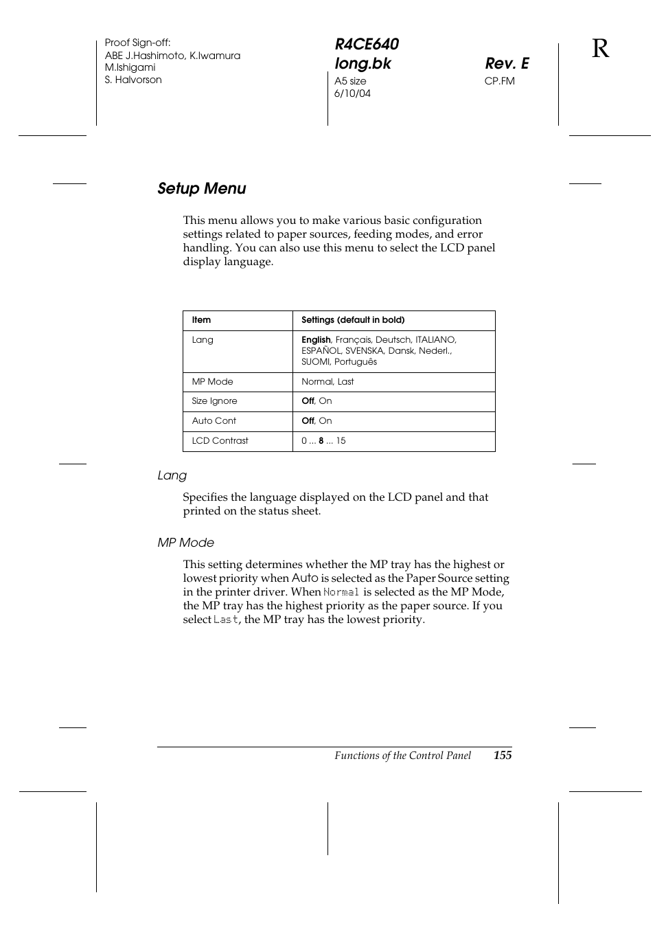 Setup menu | Epson AcuLaser C3000 User Manual | Page 155 / 316