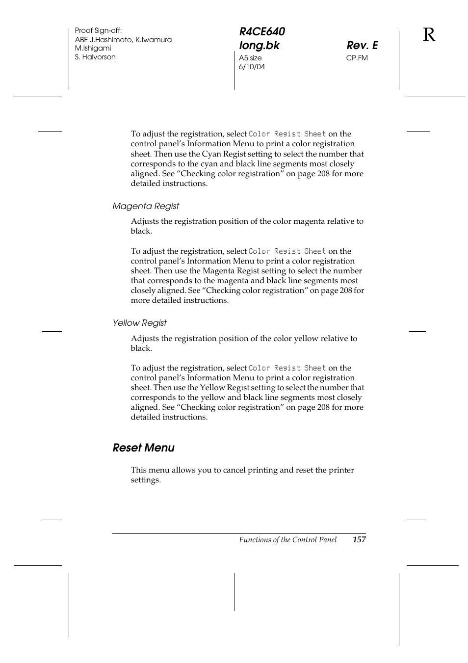Reset menu | Epson AcuLaser C3000 User Manual | Page 157 / 316