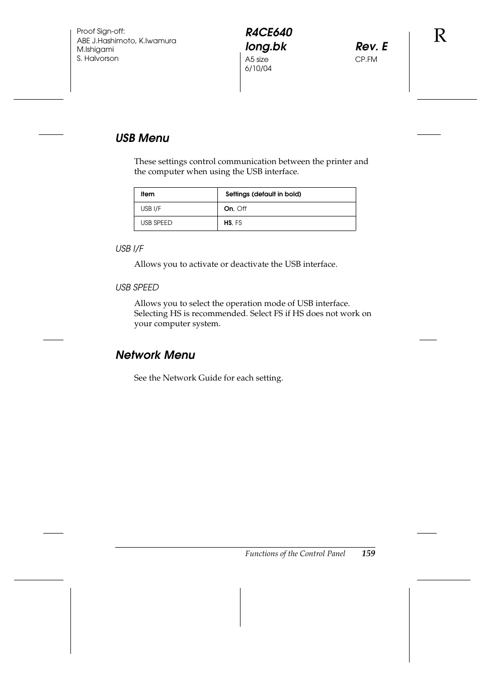 Usb menu, Network menu, Usb menu network menu | Epson AcuLaser C3000 User Manual | Page 159 / 316