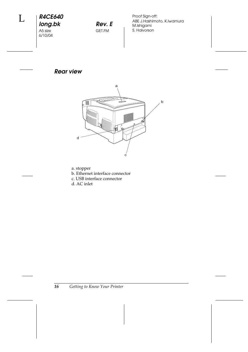 Rear view, R4ce640 long.bk rev. e | Epson AcuLaser C3000 User Manual | Page 16 / 316