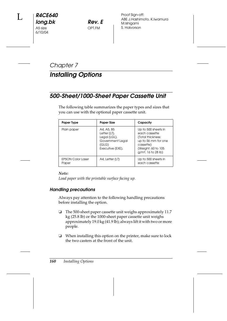 Installing options, Sheet/1000-sheet paper cassette unit, Chapter 7 | R4ce640 long.bk rev. e | Epson AcuLaser C3000 User Manual | Page 160 / 316