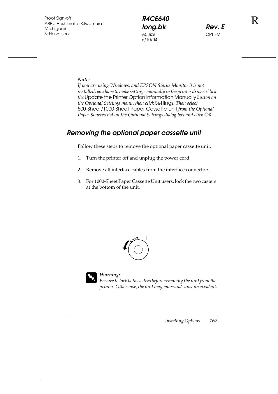 Removing the optional paper cassette unit | Epson AcuLaser C3000 User Manual | Page 167 / 316