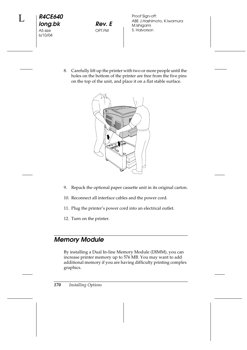 Memory module, R4ce640 long.bk rev. e | Epson AcuLaser C3000 User Manual | Page 170 / 316