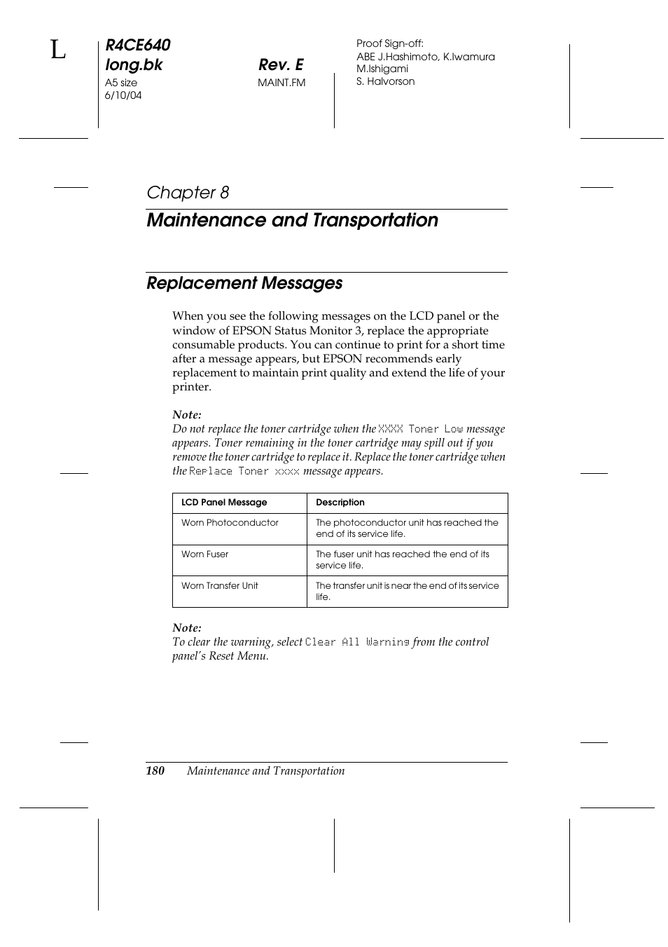 Maintenance and transportation, Replacement messages, Chapter 8 | R4ce640 long.bk rev. e | Epson AcuLaser C3000 User Manual | Page 180 / 316
