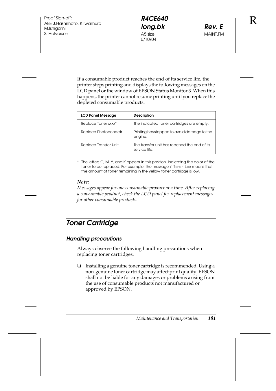 Toner cartridge | Epson AcuLaser C3000 User Manual | Page 181 / 316