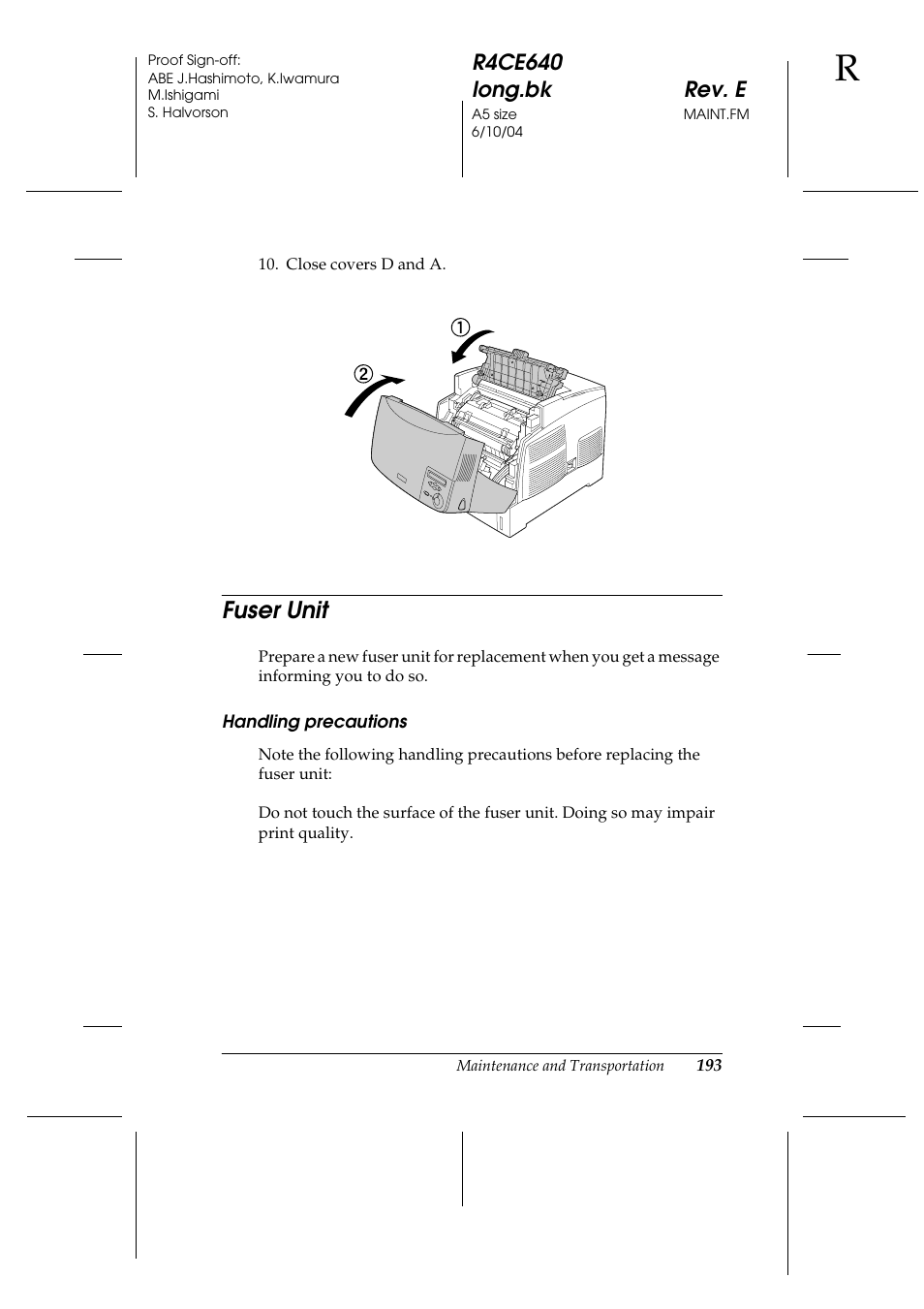 Fuser unit | Epson AcuLaser C3000 User Manual | Page 193 / 316
