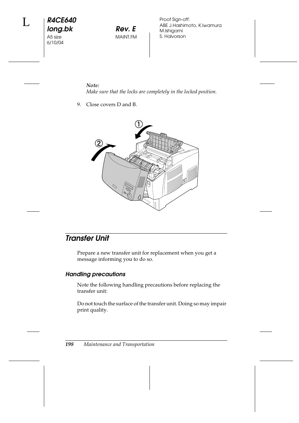 Transfer unit, R4ce640 long.bk rev. e | Epson AcuLaser C3000 User Manual | Page 198 / 316