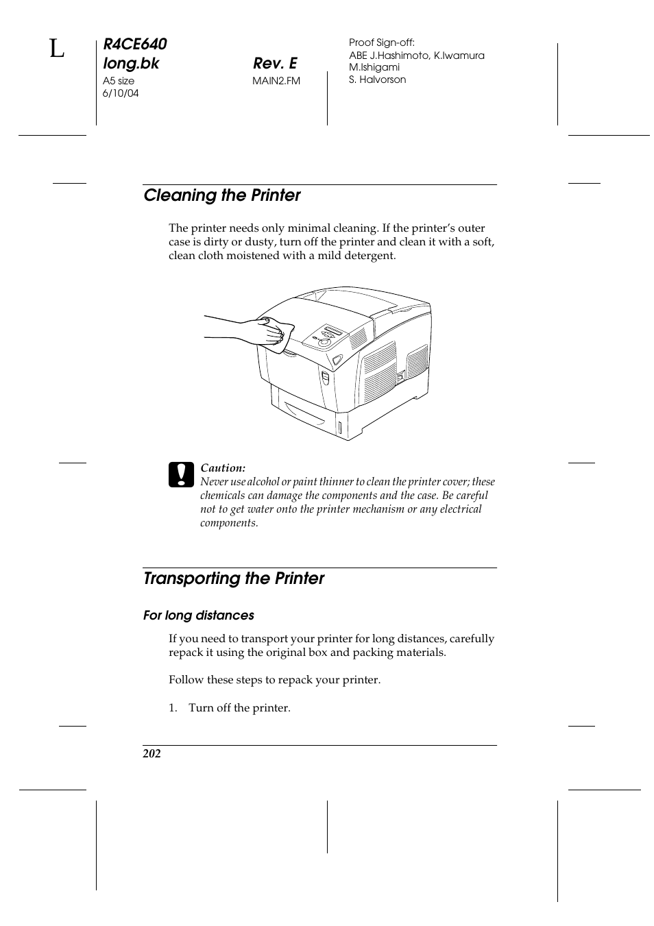 Cleaning the printer, Transporting the printer, Cleaning the printer transporting the printer | Epson AcuLaser C3000 User Manual | Page 202 / 316