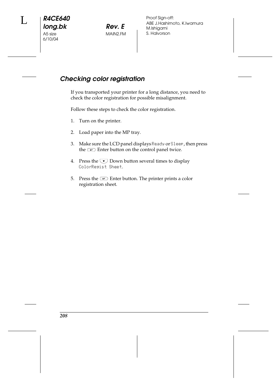 Checking color registration, R4ce640 long.bk rev. e | Epson AcuLaser C3000 User Manual | Page 208 / 316