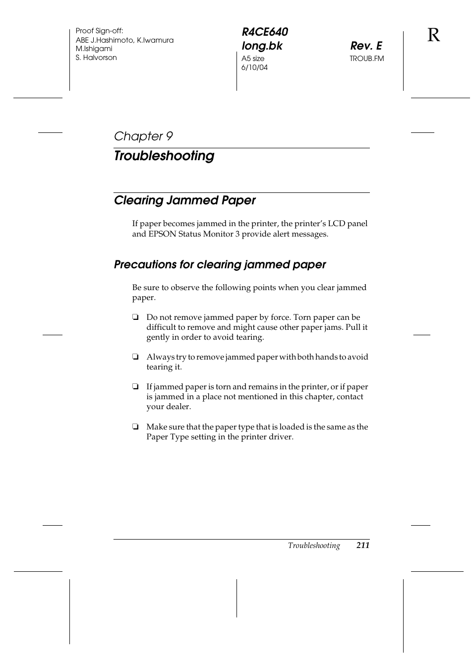 Troubleshooting, Clearing jammed paper, Precautions for clearing jammed paper | Chapter 9 | Epson AcuLaser C3000 User Manual | Page 211 / 316