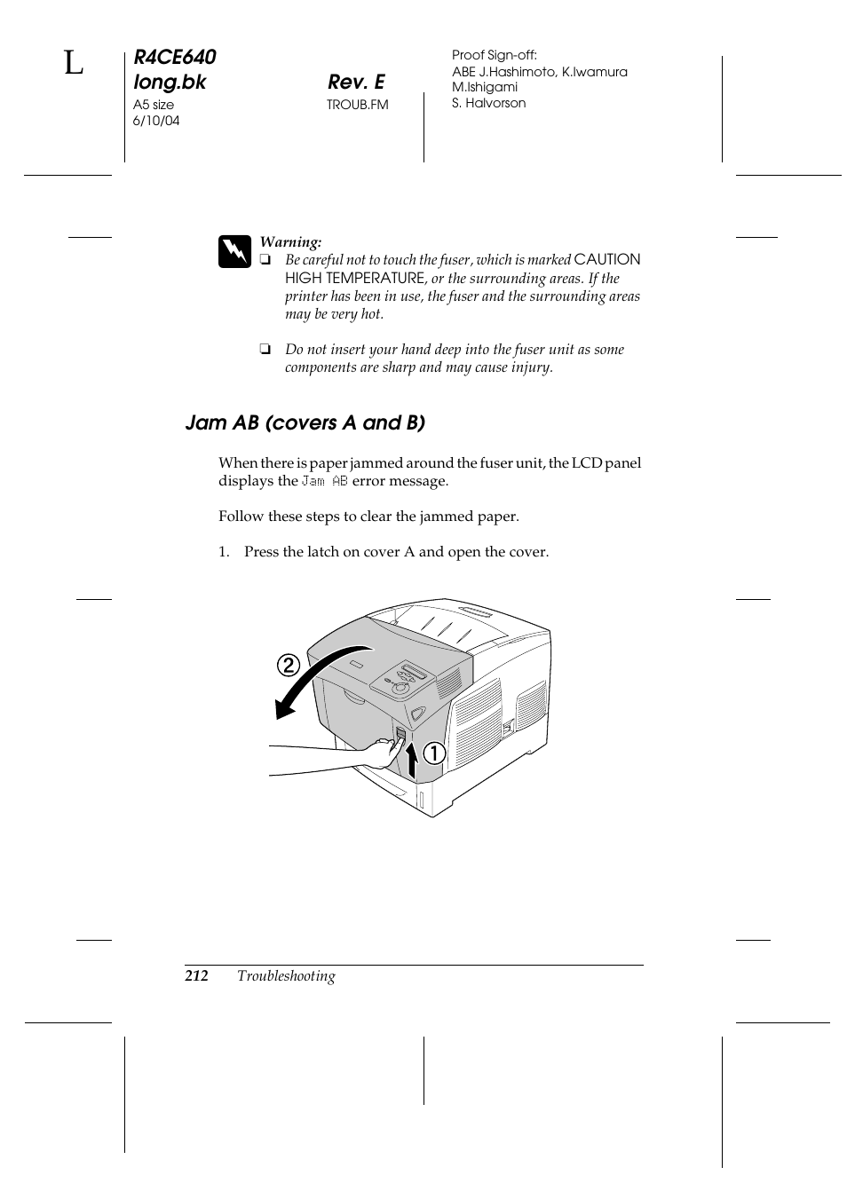 Jam ab (covers a and b) | Epson AcuLaser C3000 User Manual | Page 212 / 316