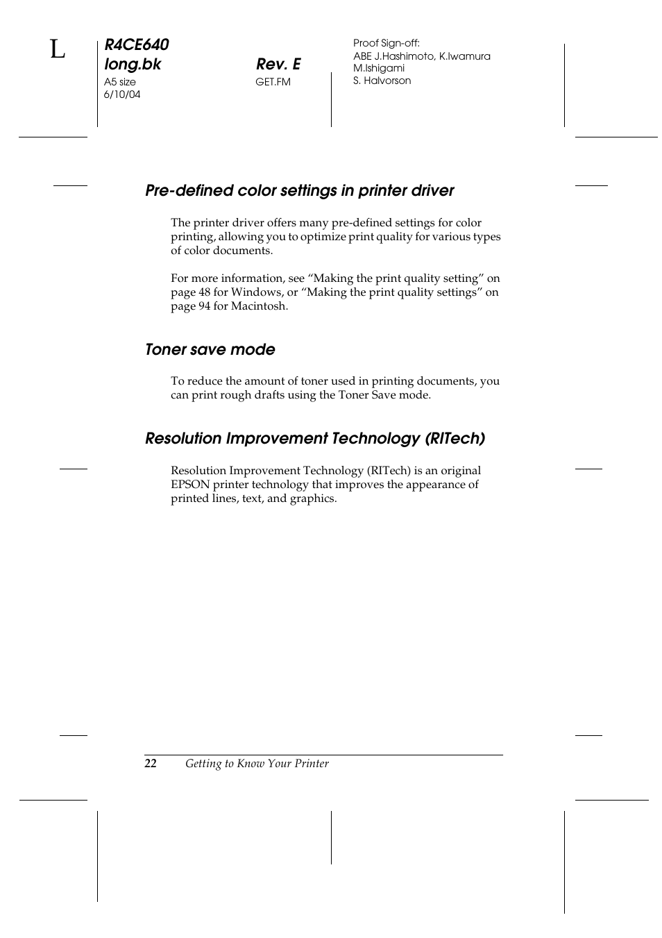 Pre-defined color settings in printer driver, Toner save mode, Resolution improvement technology (ritech) | Epson AcuLaser C3000 User Manual | Page 22 / 316
