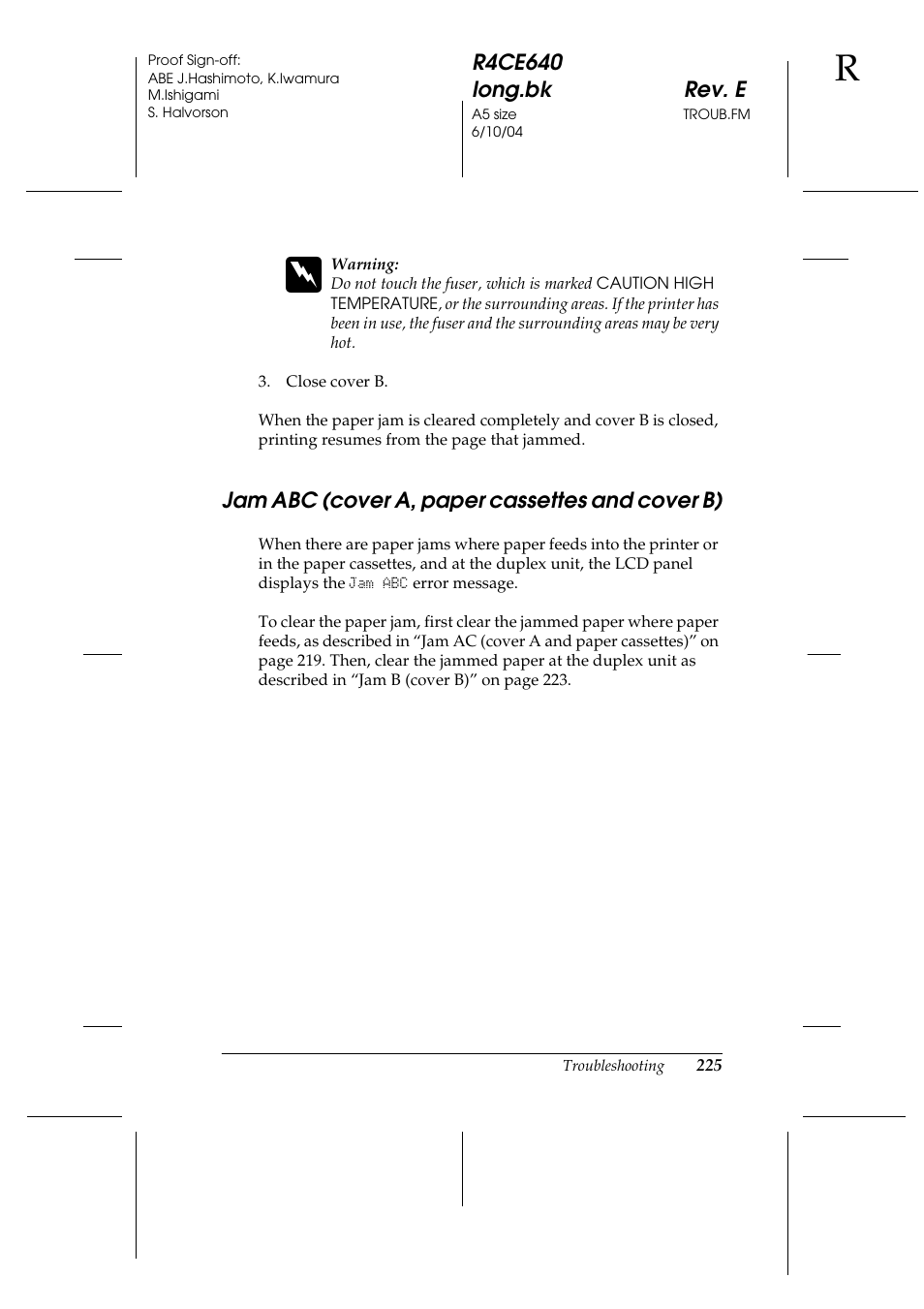 Jam abc (cover a, paper cassettes and cover b) | Epson AcuLaser C3000 User Manual | Page 225 / 316