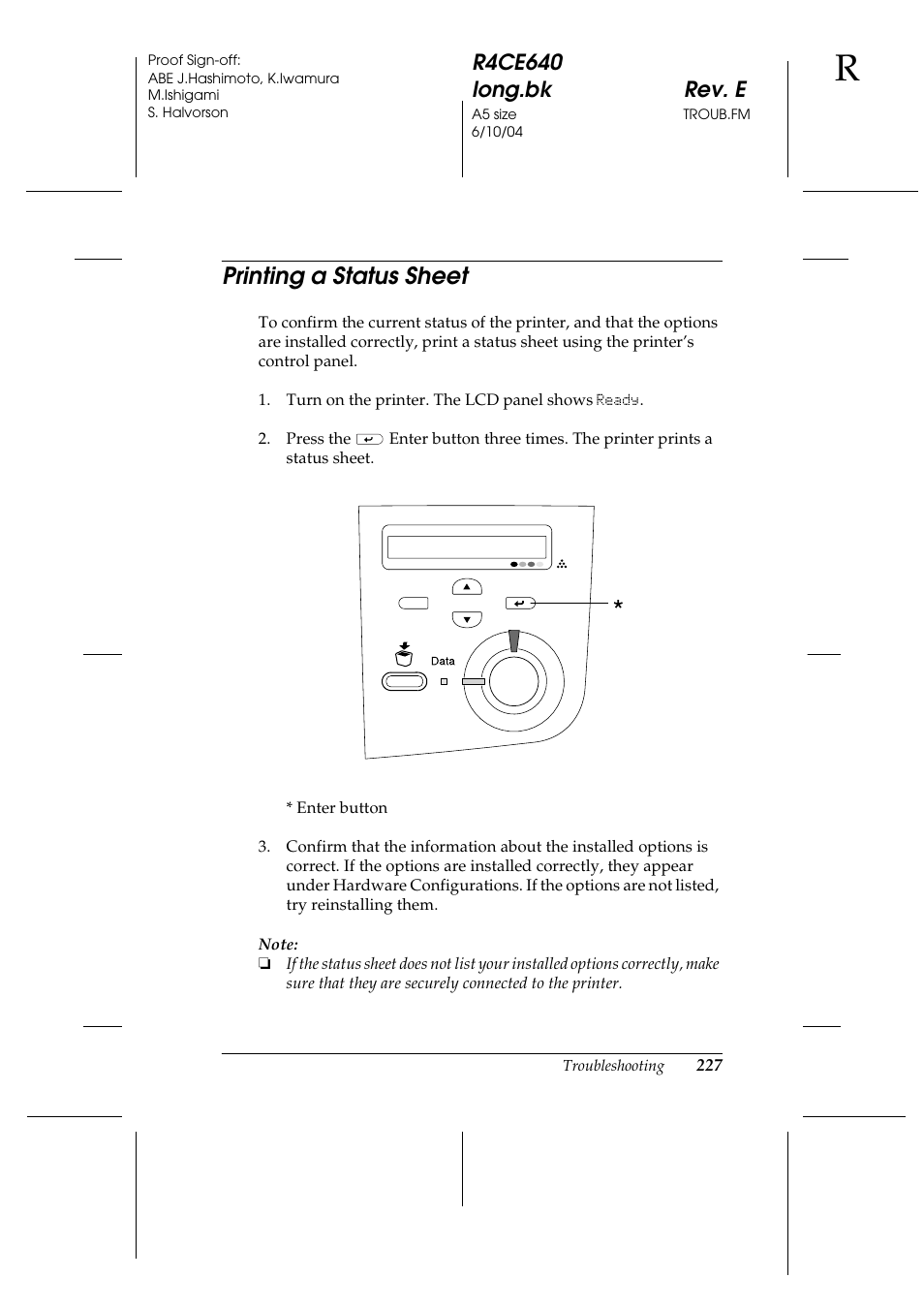 Printing a status sheet | Epson AcuLaser C3000 User Manual | Page 227 / 316