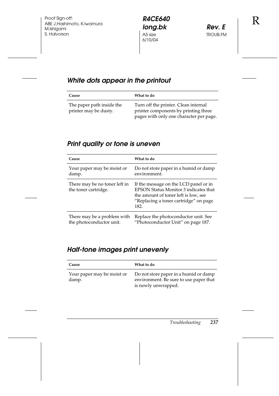 White dots appear in the printout, Print quality or tone is uneven, Half-tone images print unevenly | Epson AcuLaser C3000 User Manual | Page 237 / 316