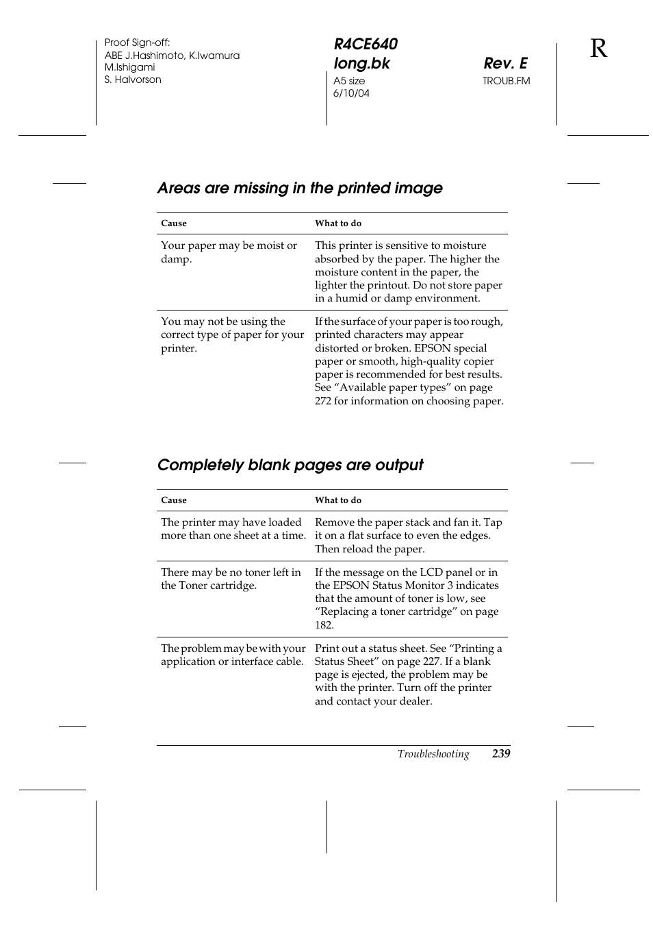 Areas are missing in the printed image | Epson AcuLaser C3000 User Manual | Page 239 / 316