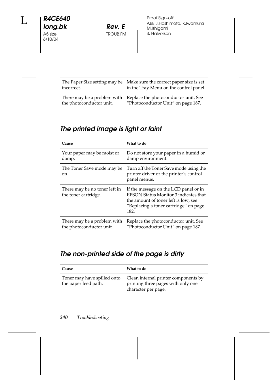 The printed image is light or faint, R4ce640 long.bk rev. e | Epson AcuLaser C3000 User Manual | Page 240 / 316