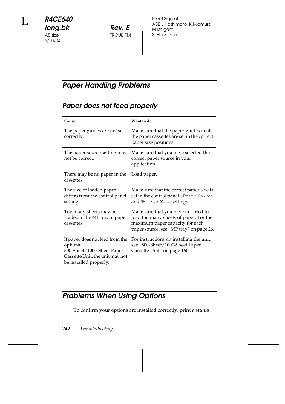 Paper handling problems, Paper does not feed properly, Problems when using options | R4ce640 long.bk rev. e | Epson AcuLaser C3000 User Manual | Page 242 / 316