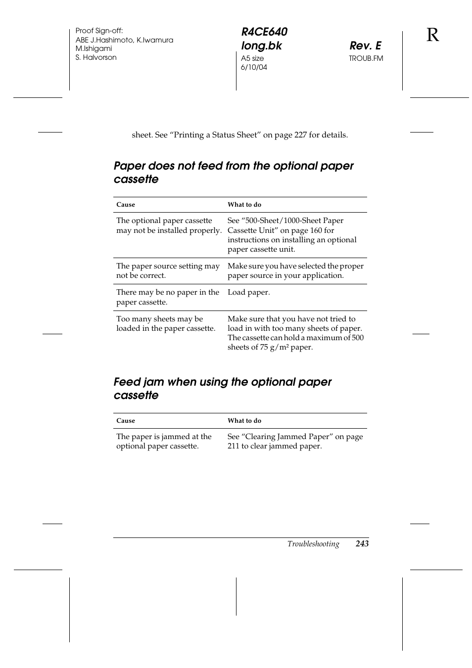 Feed jam when using the optional paper cassette | Epson AcuLaser C3000 User Manual | Page 243 / 316