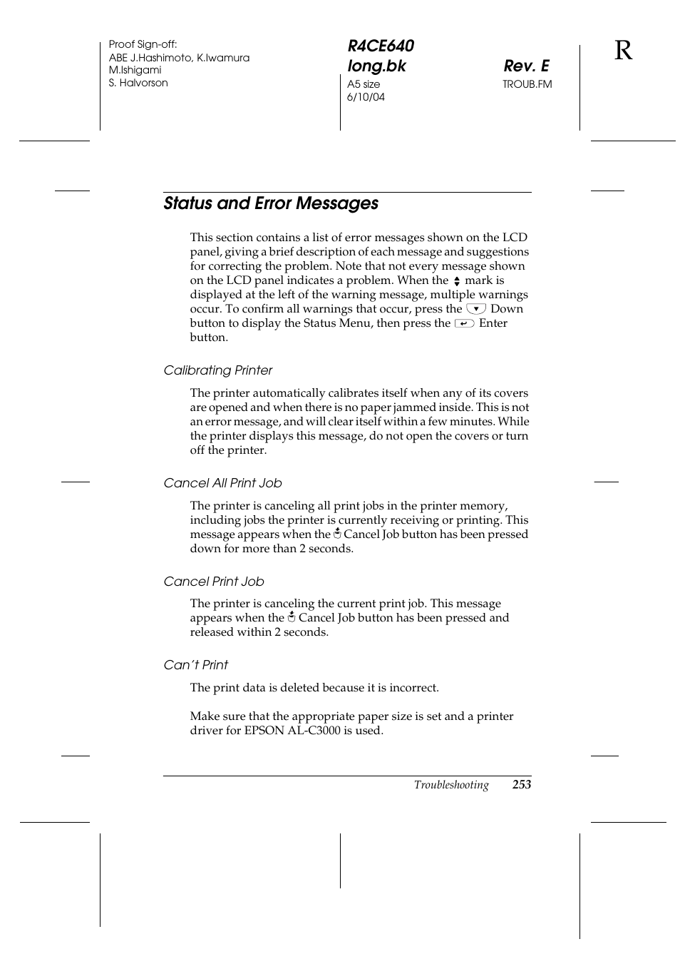 Status and error messages | Epson AcuLaser C3000 User Manual | Page 253 / 316