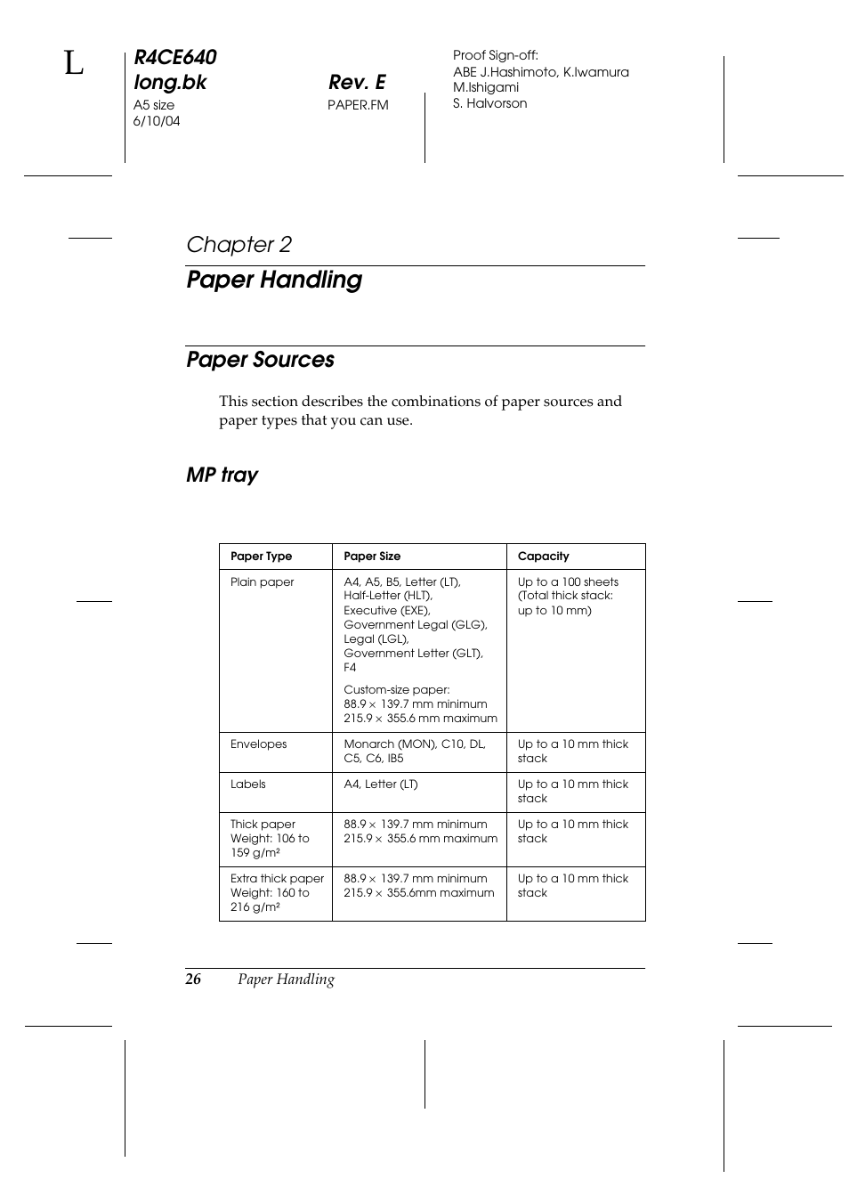 Paper handling, Paper sources, Mp tray | Chapter 2, R4ce640 long.bk rev. e | Epson AcuLaser C3000 User Manual | Page 26 / 316