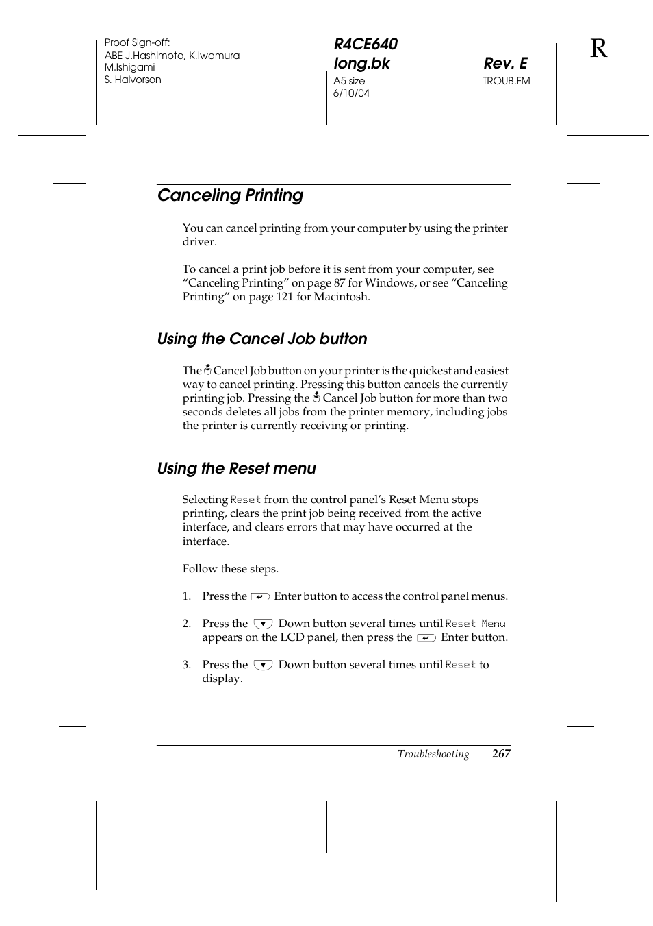 Canceling printing, Using the cancel job button, Using the reset menu | Using the cancel job button using the reset menu | Epson AcuLaser C3000 User Manual | Page 267 / 316