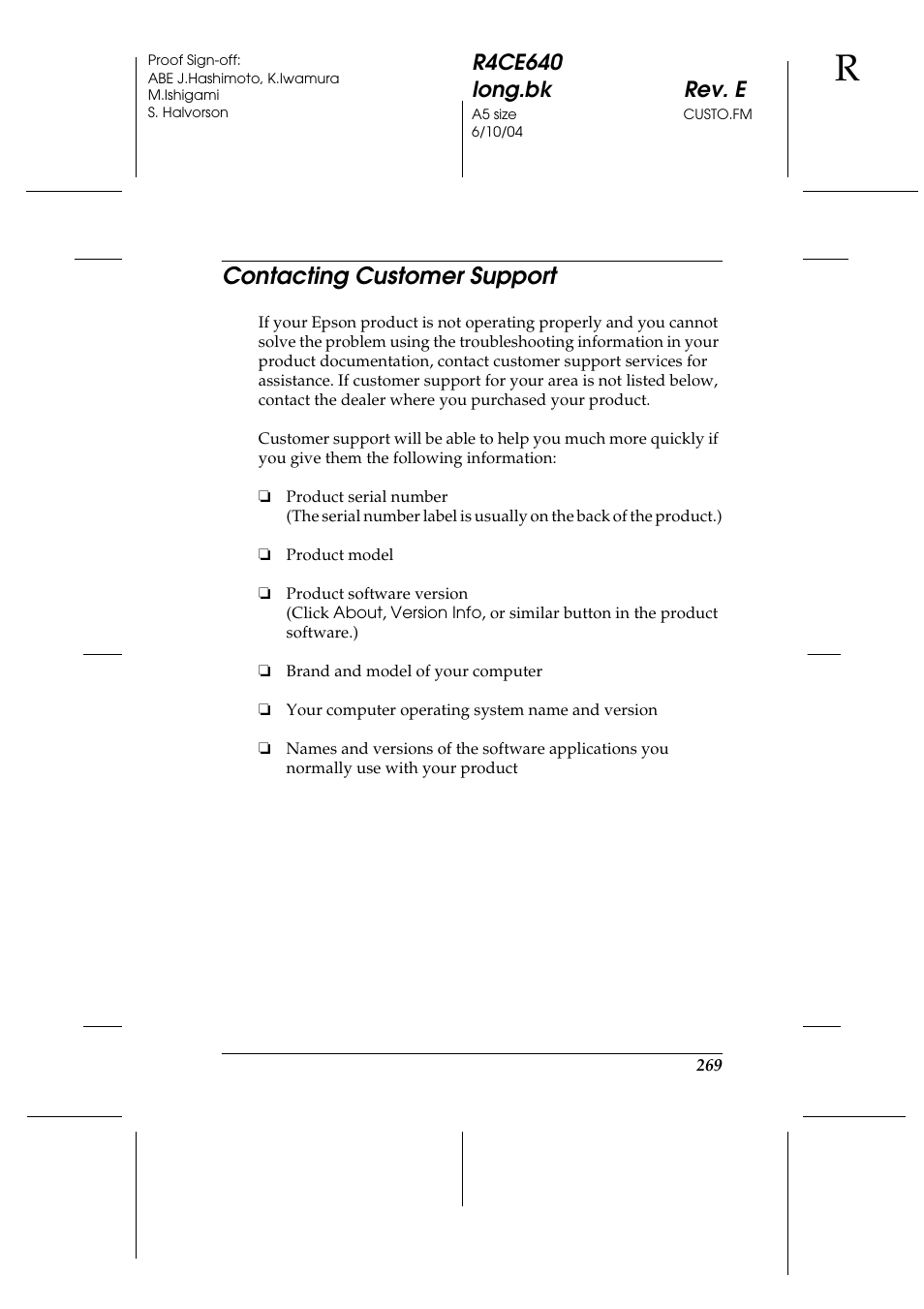Contacting customer support, R4ce640 long.bk rev. e | Epson AcuLaser C3000 User Manual | Page 269 / 316