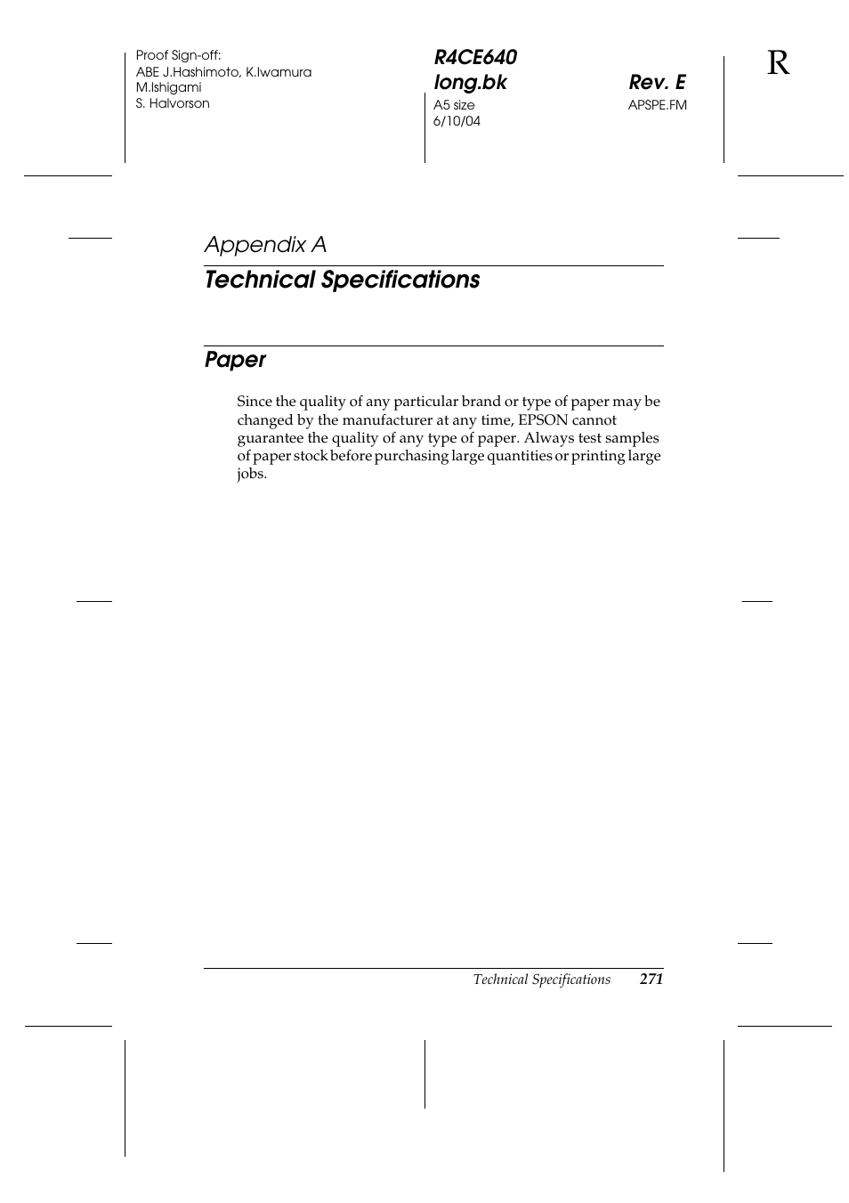 Technical specifications, Paper, Appendix a | Epson AcuLaser C3000 User Manual | Page 271 / 316