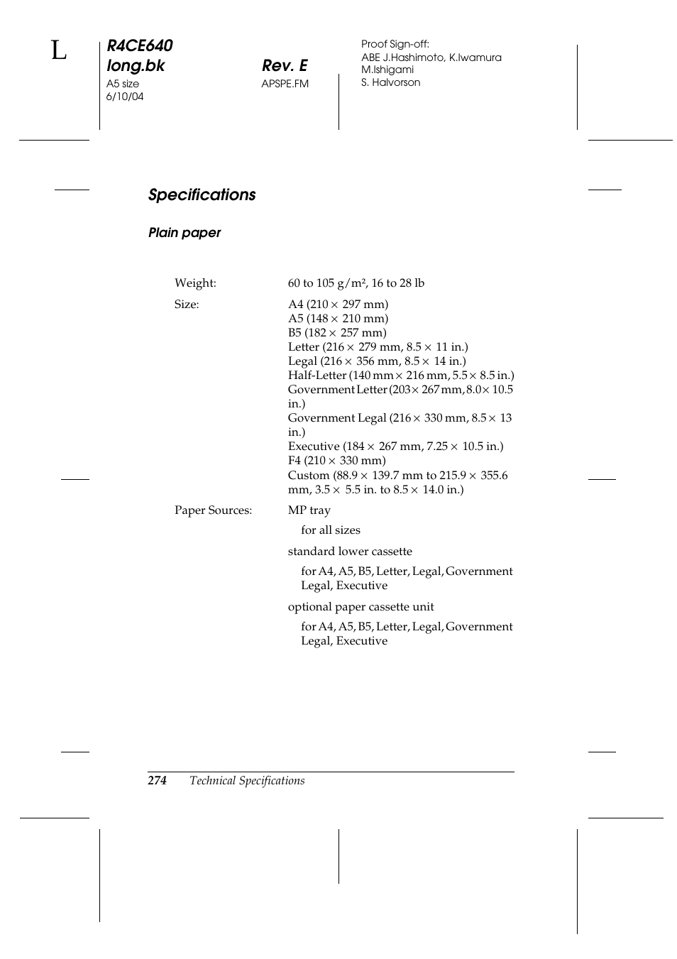 Specifications, R4ce640 long.bk rev. e | Epson AcuLaser C3000 User Manual | Page 274 / 316