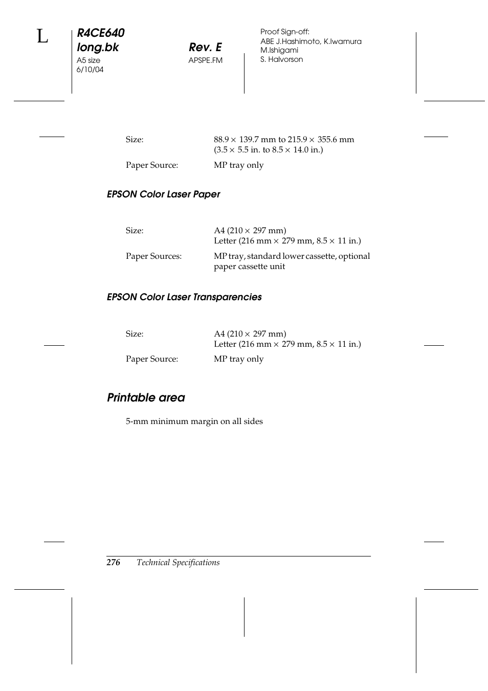 Printable area, R4ce640 long.bk rev. e | Epson AcuLaser C3000 User Manual | Page 276 / 316