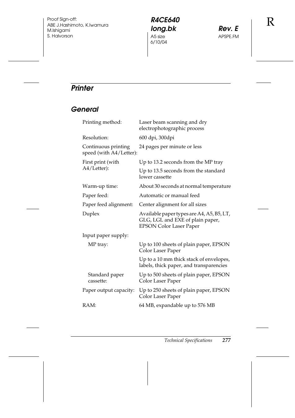 Printer, General | Epson AcuLaser C3000 User Manual | Page 277 / 316