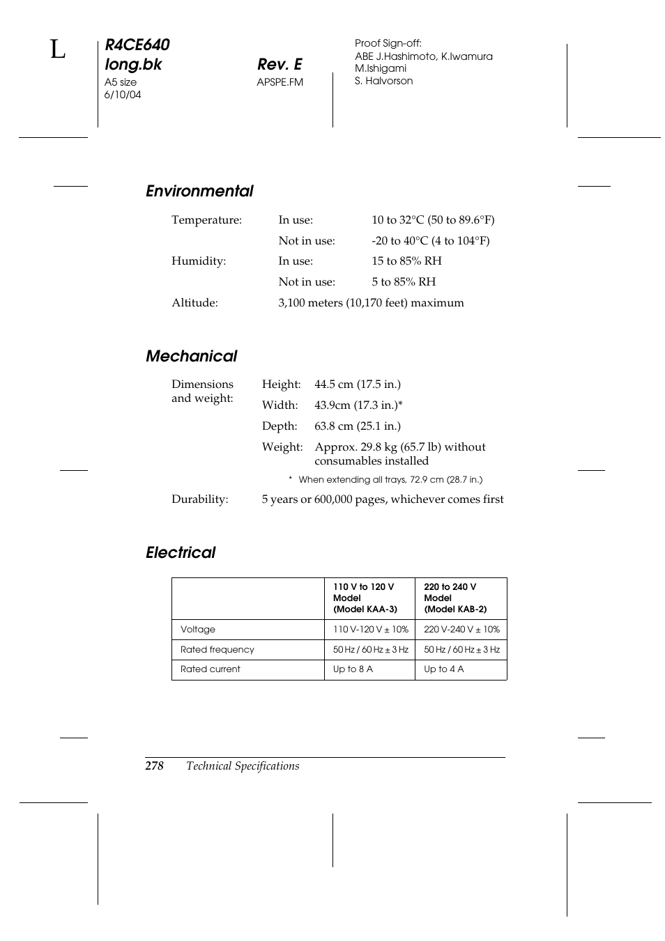 Environmental, Mechanical, Electrical | Environmental mechanical electrical, R4ce640 long.bk rev. e | Epson AcuLaser C3000 User Manual | Page 278 / 316