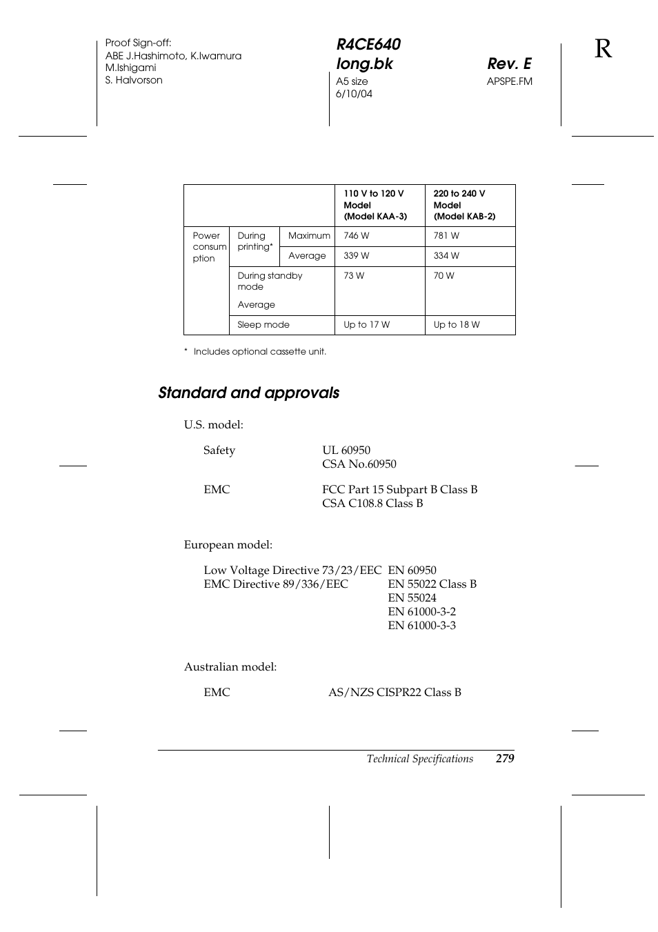 Standard and approvals | Epson AcuLaser C3000 User Manual | Page 279 / 316